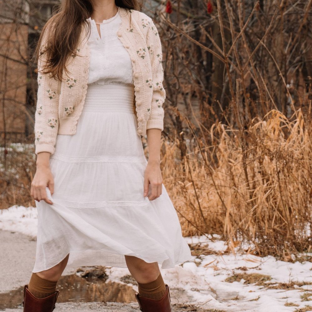 Beautiful boho feminine Rebellion white Midi Dress, short sleeve, size S
